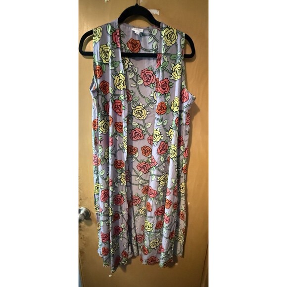 Lularoe Joy Long Vest Long Duster Roses Gray Yellow Red Size M - Picture 1 of 3